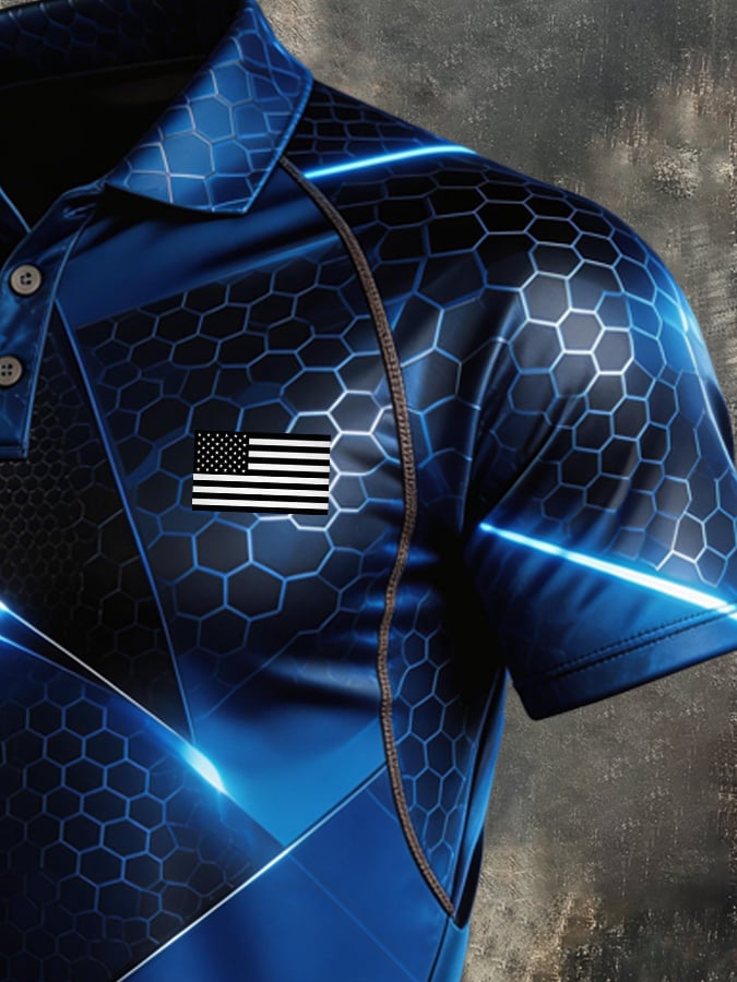 Men's Retro Patriot Color Block Polo Collar Short Sleeve