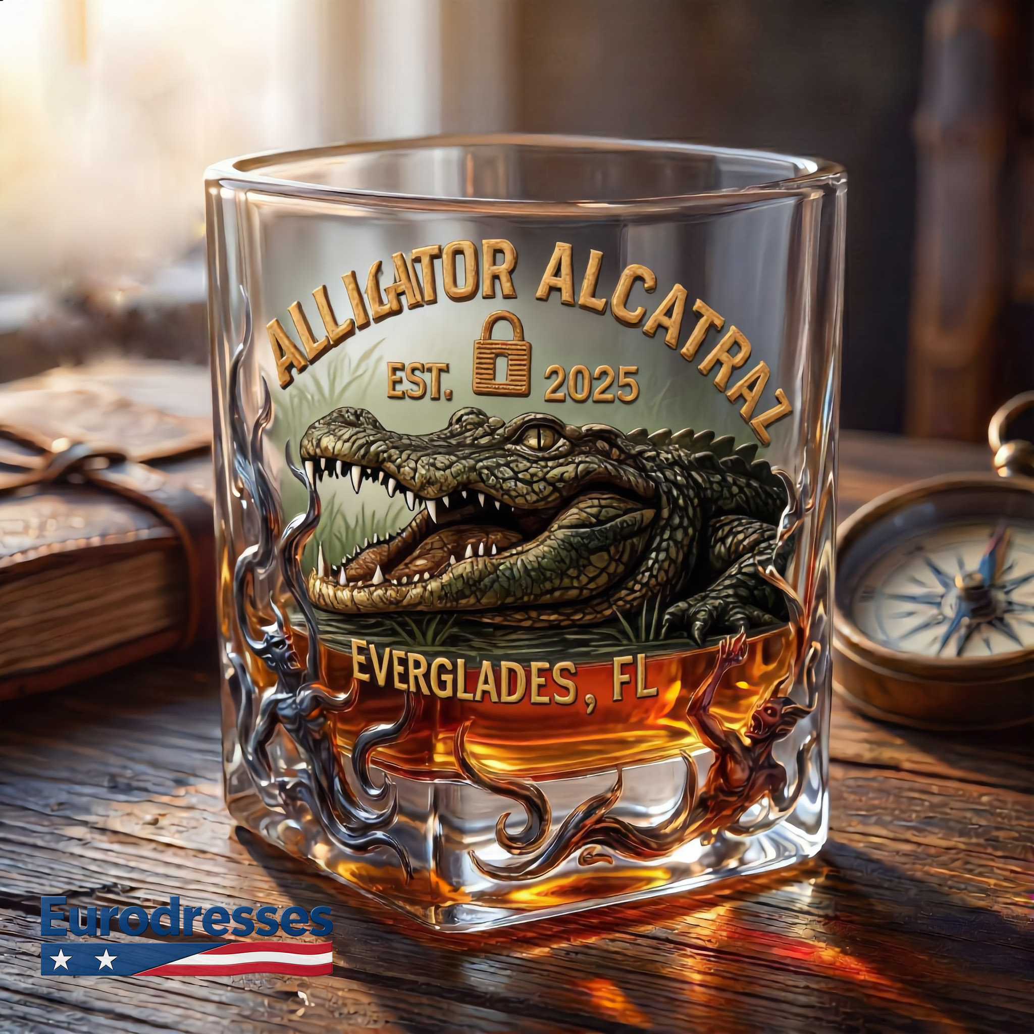 “ALLIGATOR ALCATRAZ” Retro Crocodile Glass – Adventure Meets Whiskey Culture