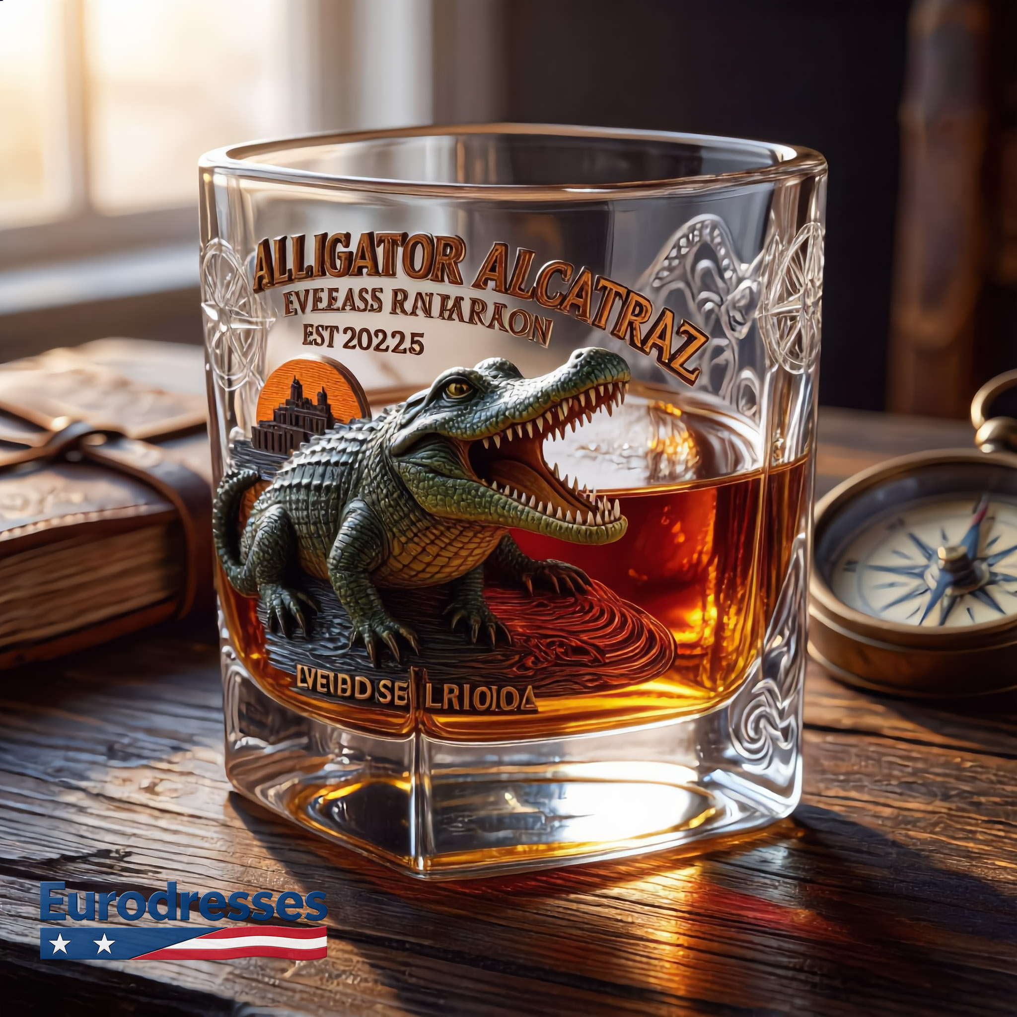 “ALLIGATOR ALCATRAZ” Retro Crocodile Glass – Adventure Meets Whiskey Culture