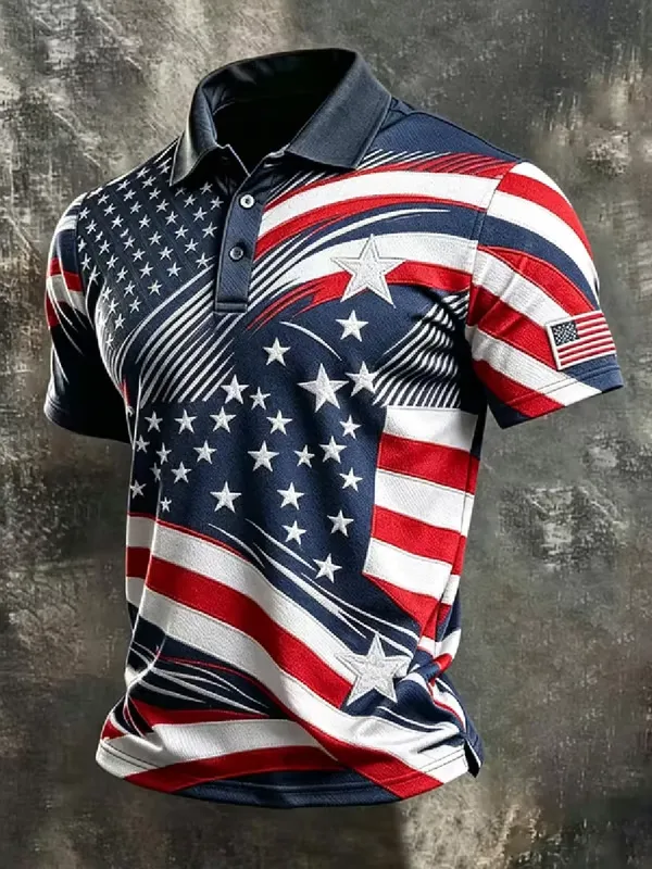Men'S America Flag Print Casual Polo Shirt