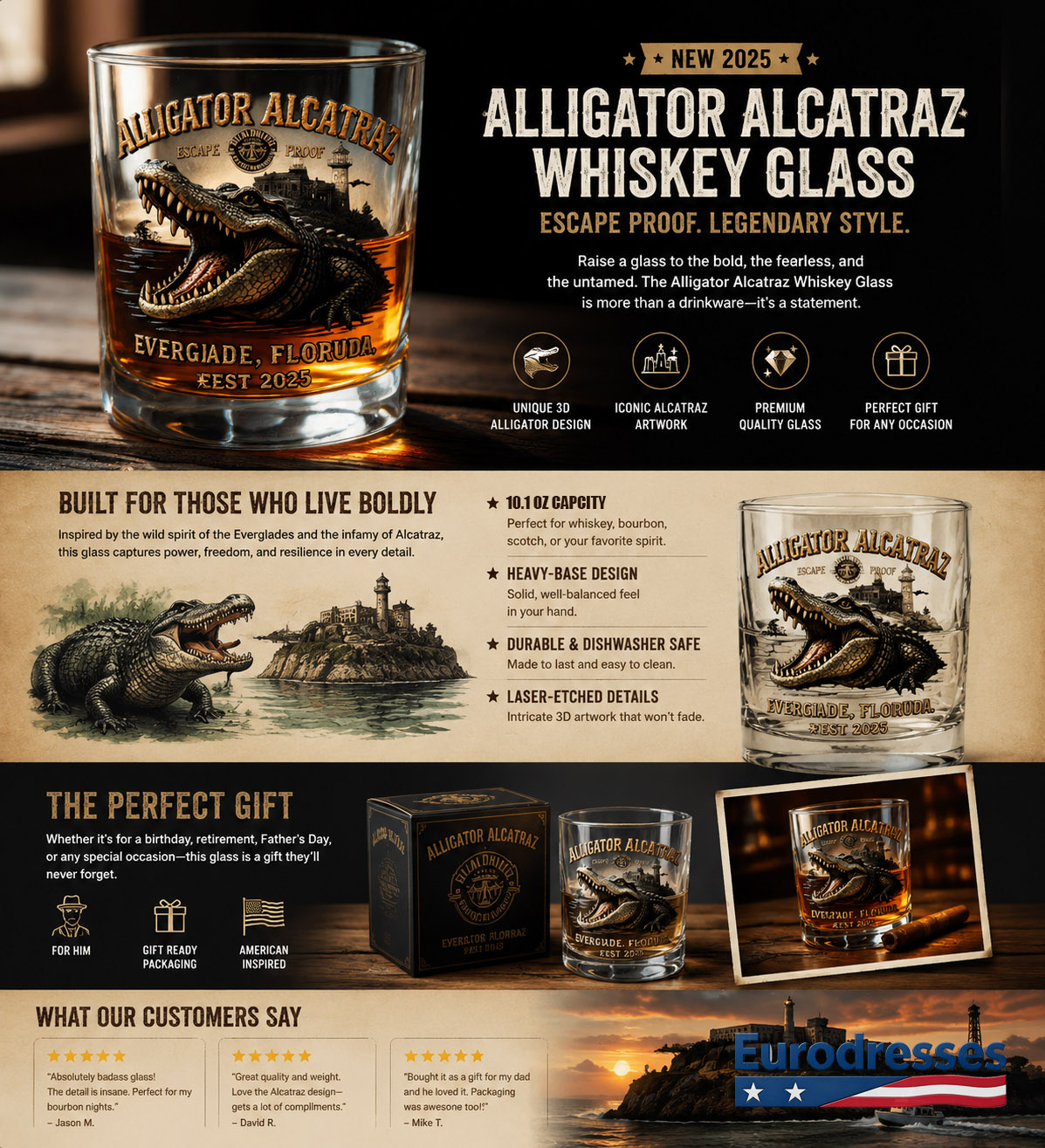 “ALLIGATOR ALCATRAZ” Retro Crocodile Glass – Adventure Meets Whiskey Culture