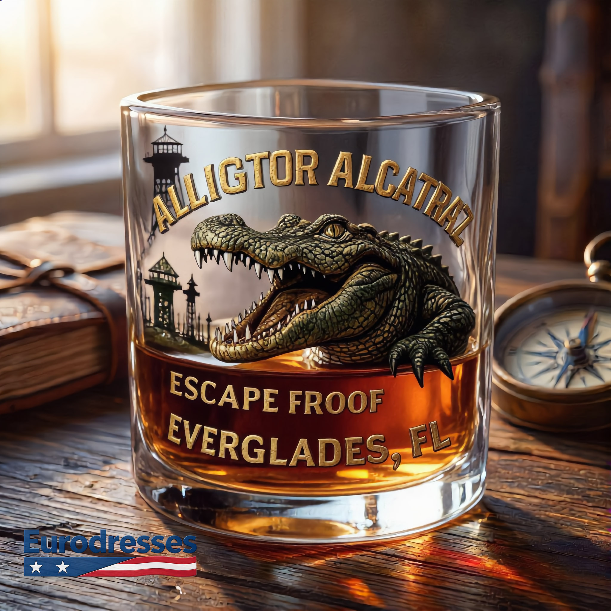“ALLIGATOR ALCATRAZ” Retro Crocodile Glass – Adventure Meets Whiskey Culture