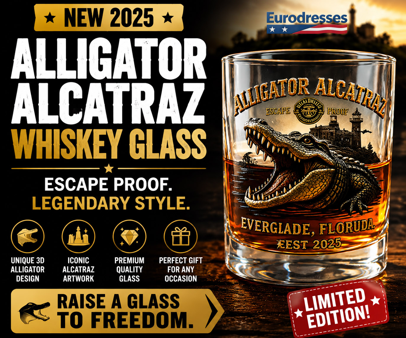 “ALLIGATOR ALCATRAZ” Retro Crocodile Glass – Adventure Meets Whiskey Culture