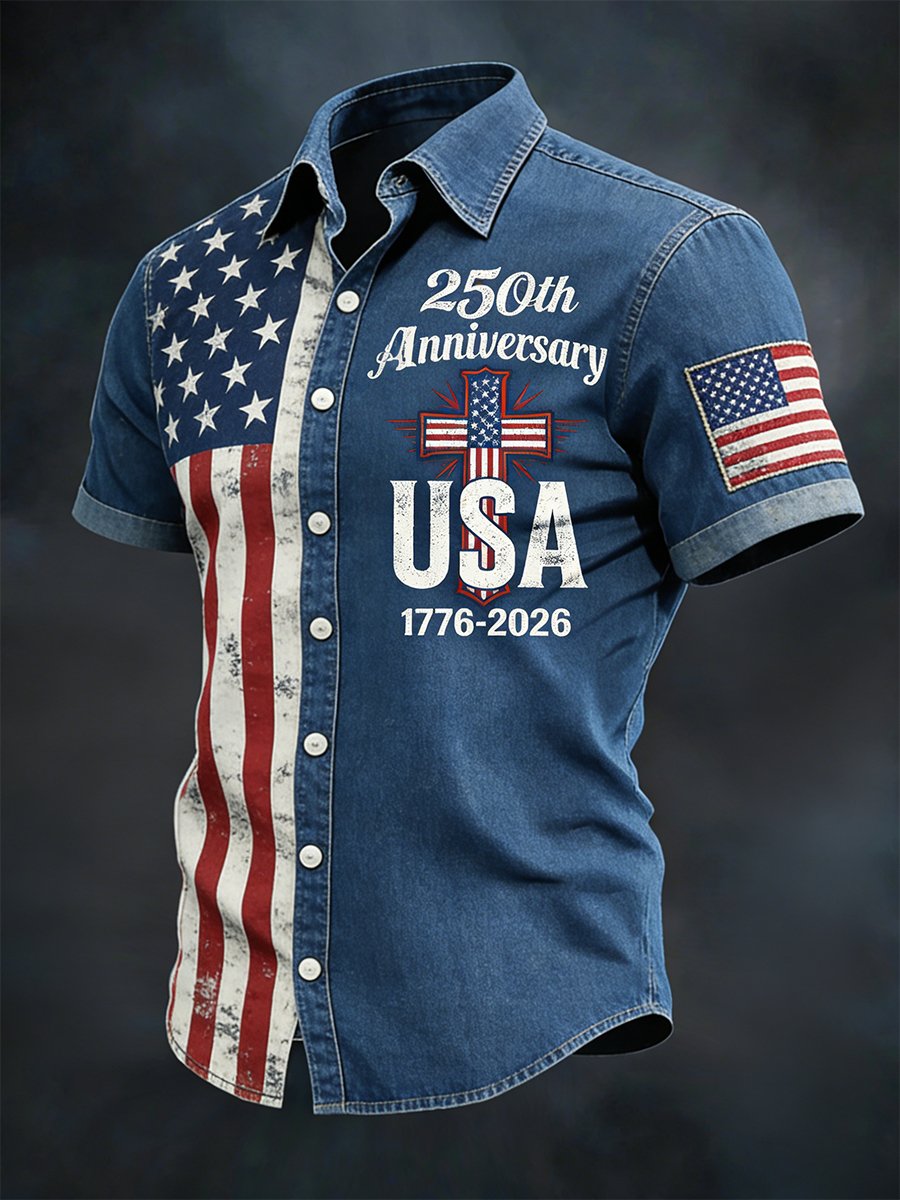 Men's Retro American 250th Anniversary Denim Short-Sleeve Shirt