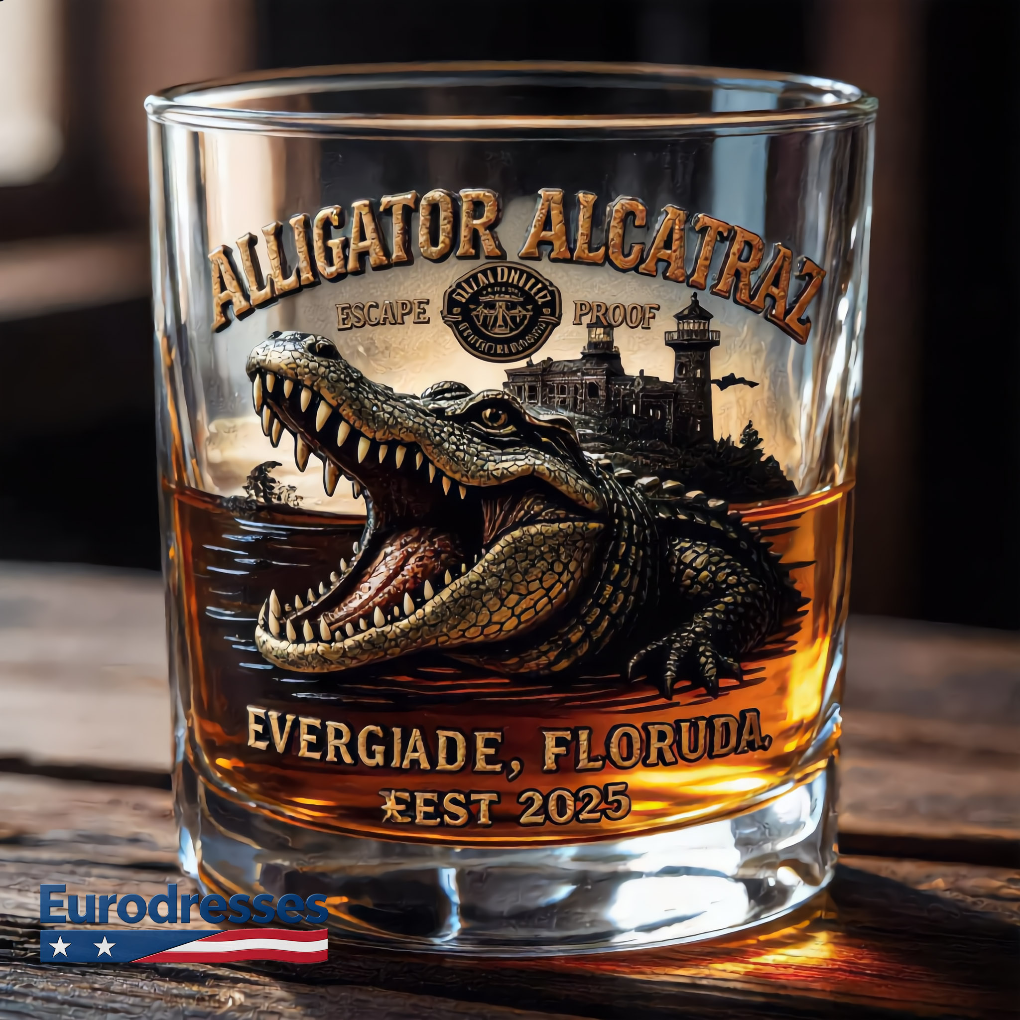 “ALLIGATOR ALCATRAZ” Retro Crocodile Glass – Adventure Meets Whiskey Culture
