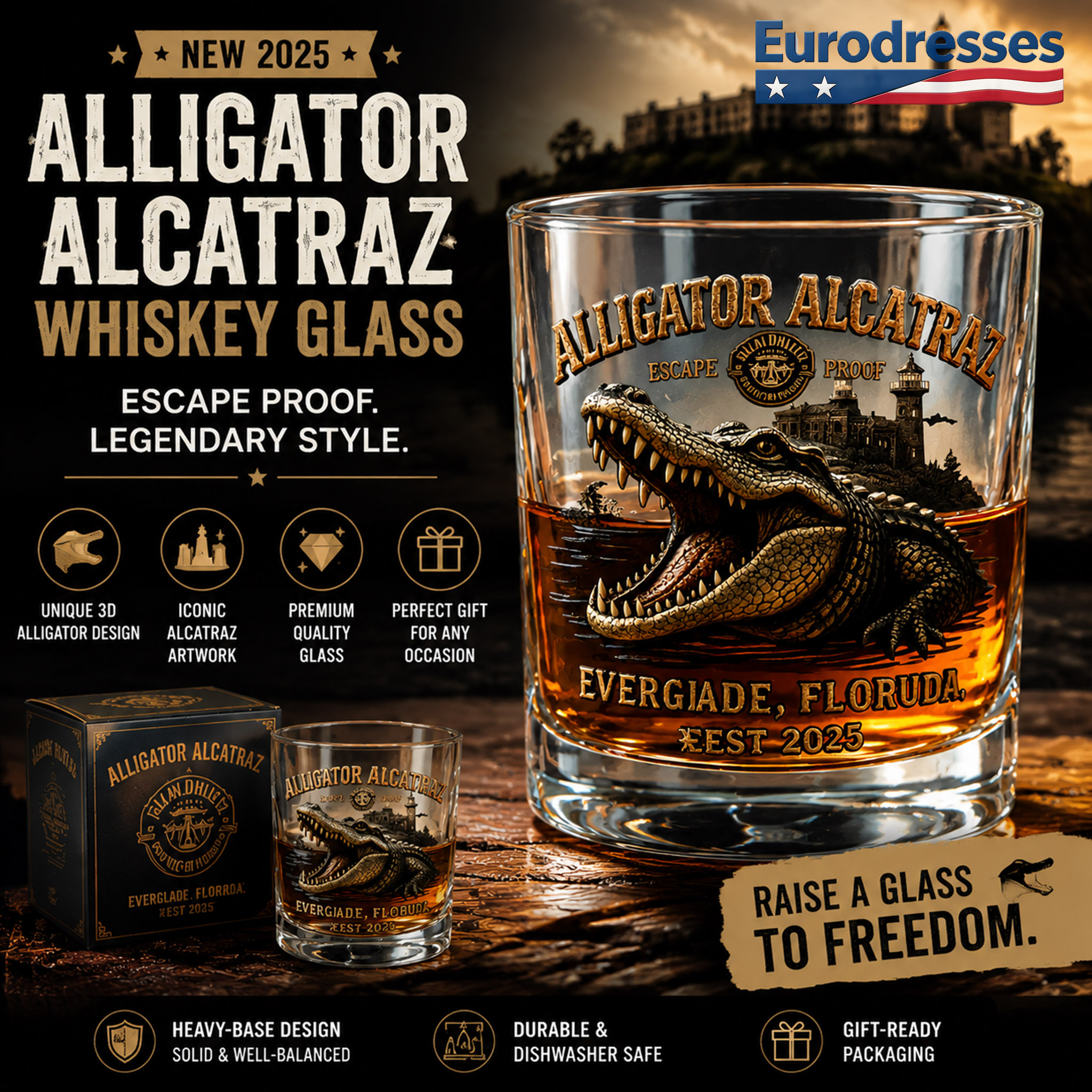 “ALLIGATOR ALCATRAZ” Retro Crocodile Glass – Adventure Meets Whiskey Culture