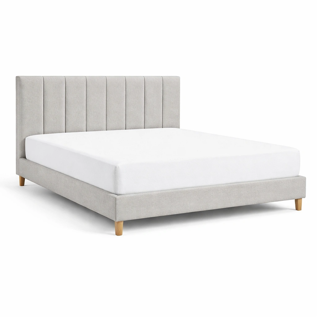 Estructura de cama tapizada en tela gris claro con patas de madera-nestdino