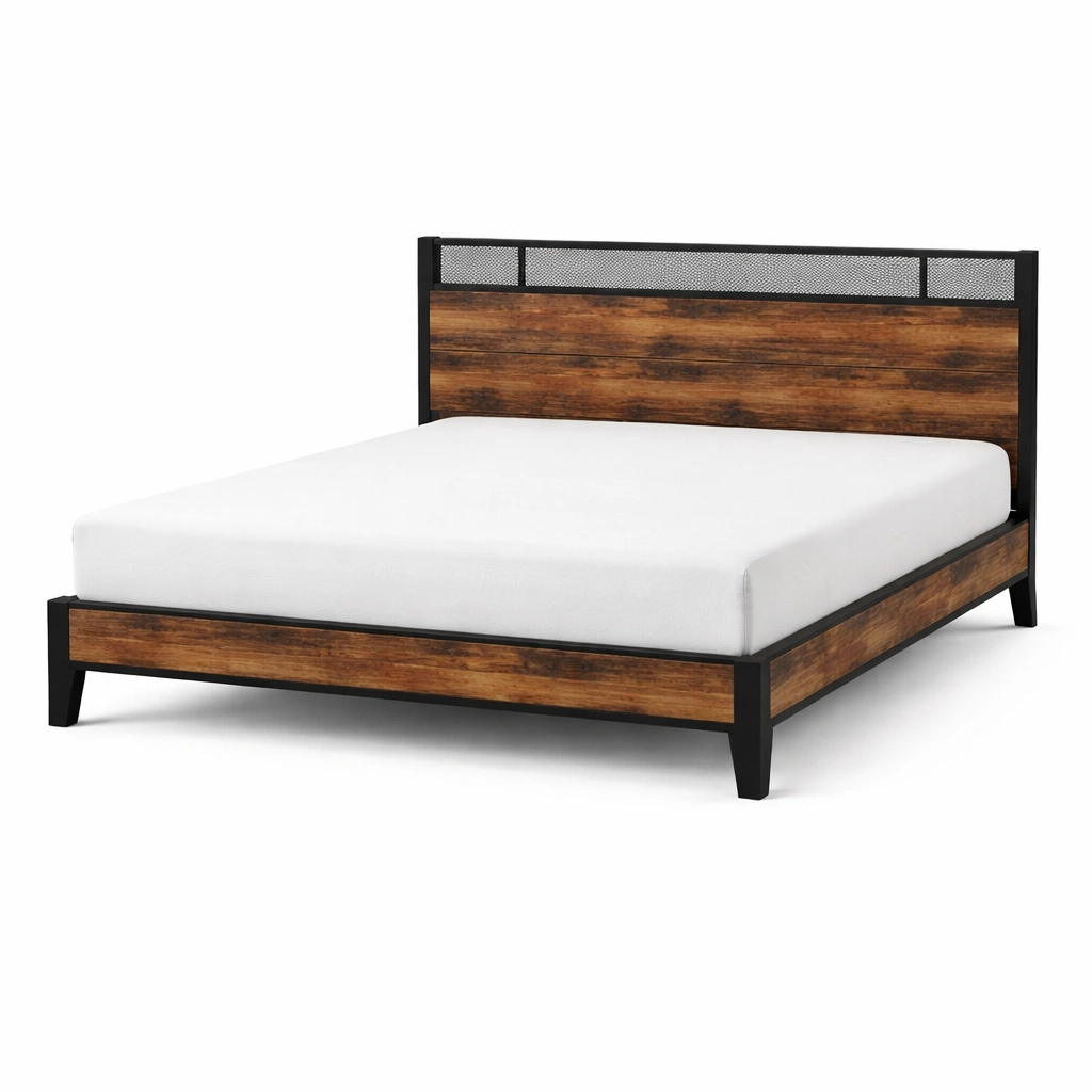 Estructura de cama doble de madera y metal marrón negro-nestdino