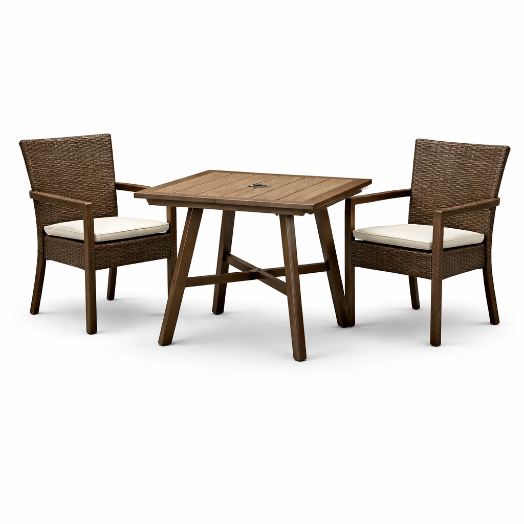 Juego de comedor exterior de patio con mesa y sillas de madera y ratán sintético-nestdino