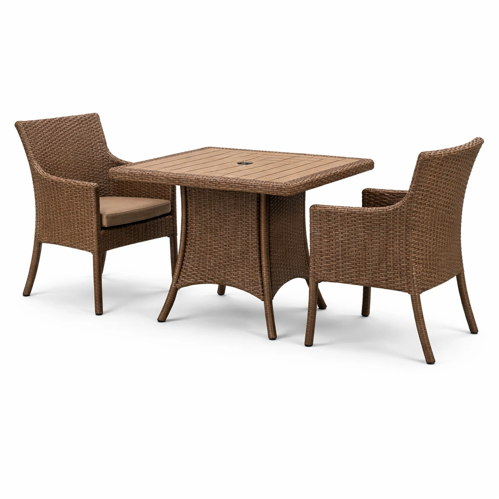 Juego de comedor exterior de ratán sintético marrón con cojines de poliéster-nestdino
