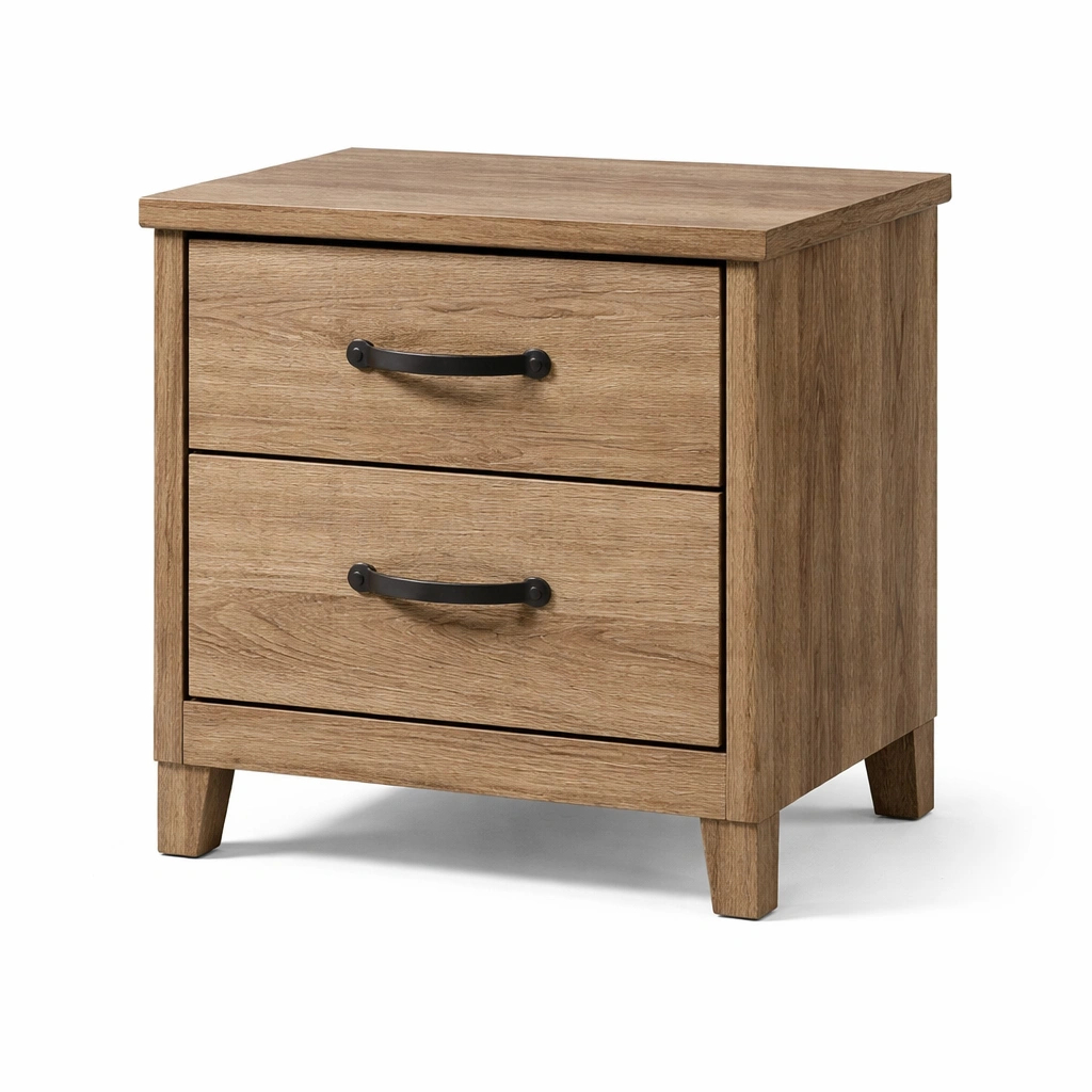 Mesita de noche de madera con 2 cajones y tiradores de metal-nestdino
