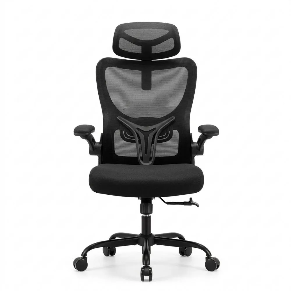 Silla de Oficina Ergonómica con Reposacabezas Ajustable y Soporte Lumbar, Ajuste de Altura y Brazos Plegables