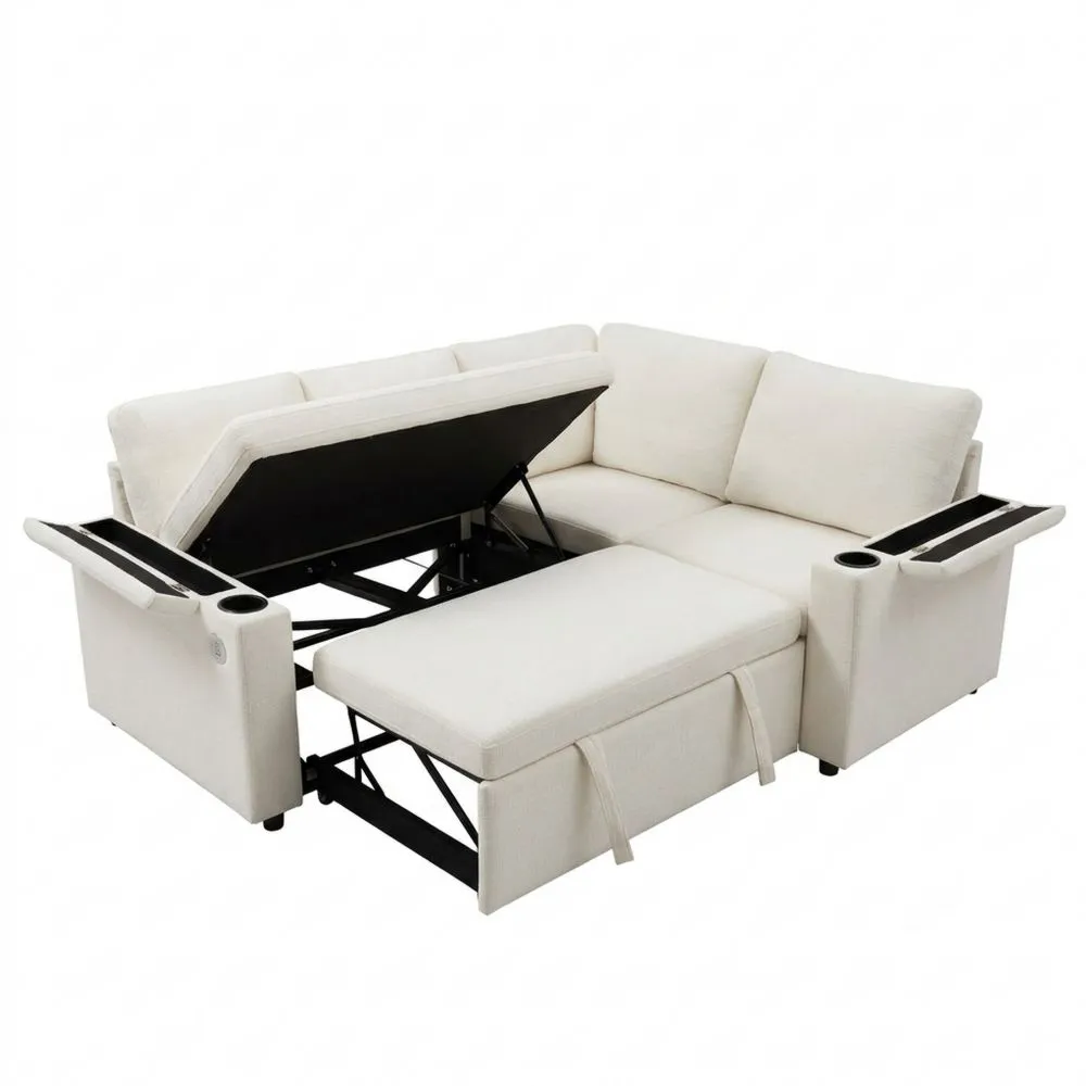 Sofá Esquinero Convertible y Extensible con Almacenaje para 4 Personas, Sofá Cama con Puerto USB y Portavasos, Tela Chenille (Beige)