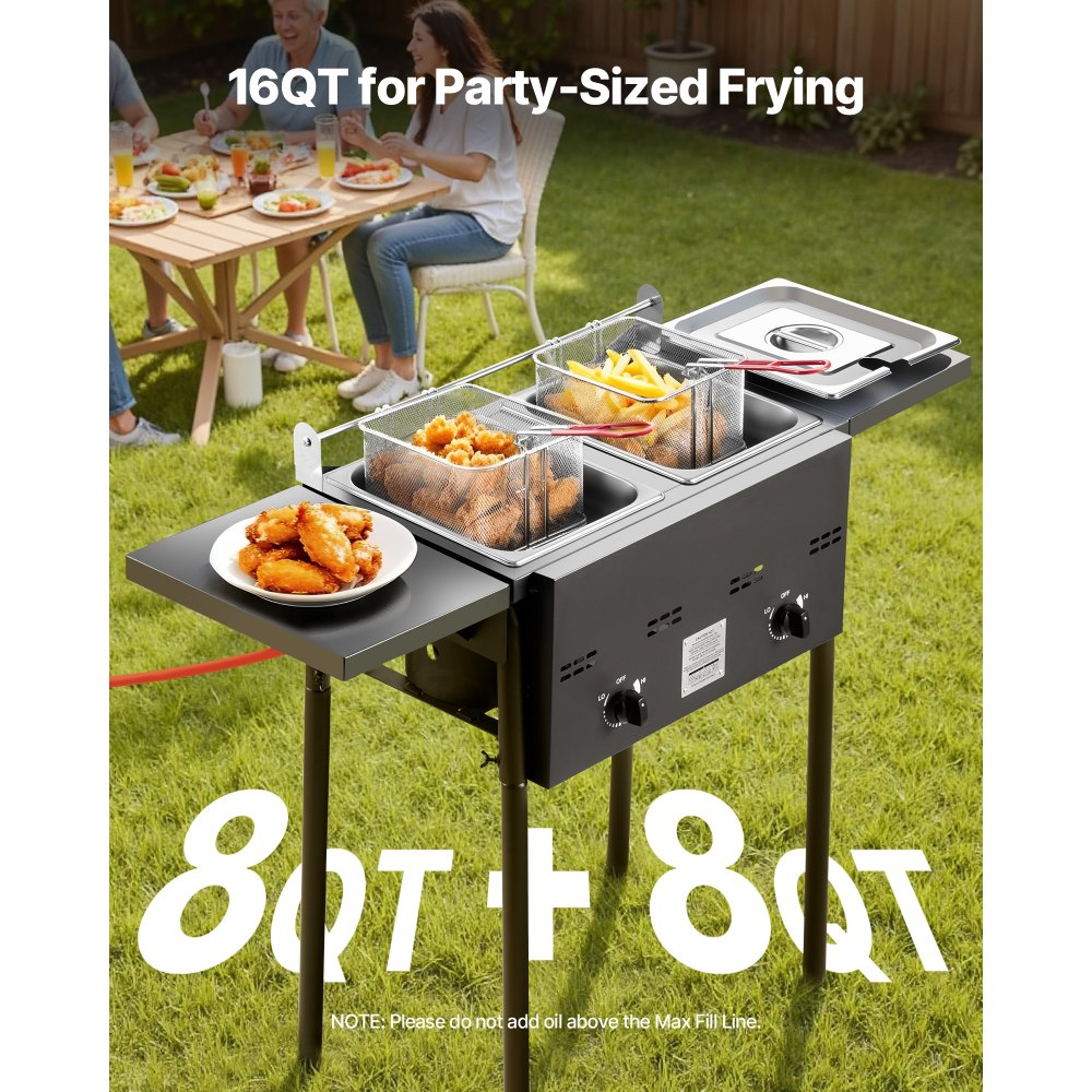 ⚡️Factory wholesale promotion 80% OFF⚡️ Outdoor Propane Deep Fryer, Dual-Tank 8QTx2 Commercial Fryer, Stainless Steel Cooker with Foldable Platform