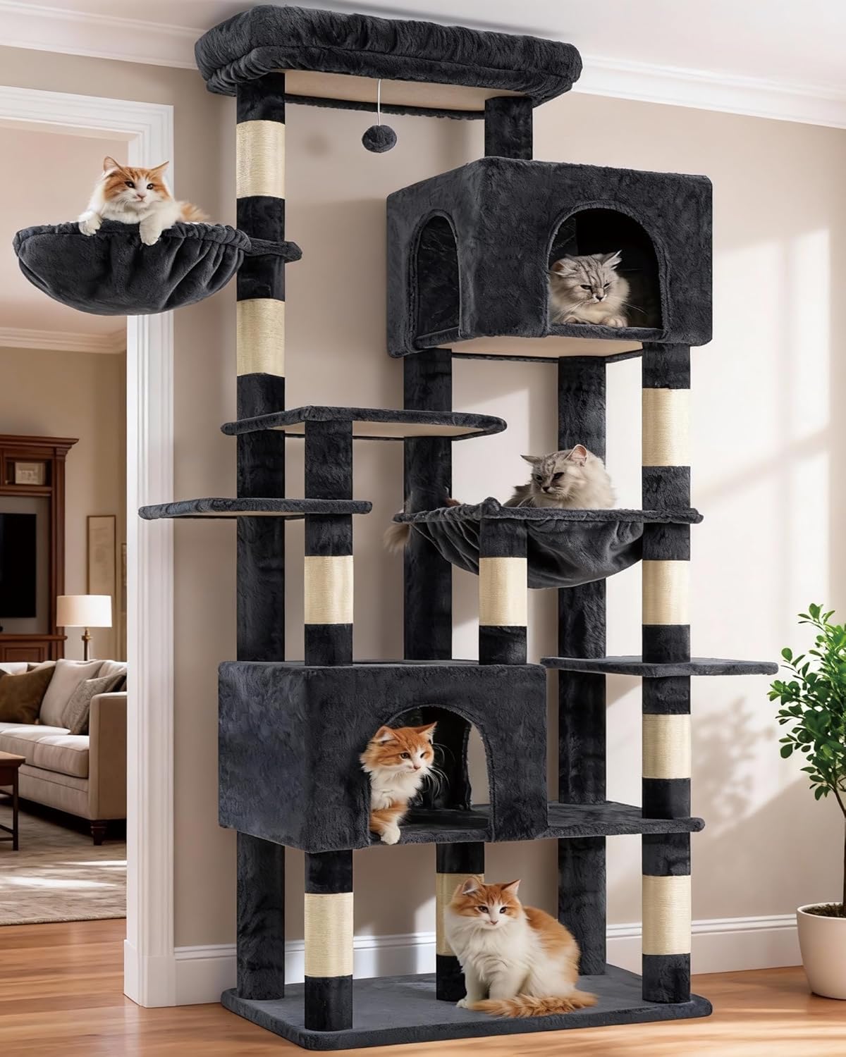 Heybly Cat Tree, 76-Inch Tall Heavy Duty Cat Tower for Big Cats with Extra Wide Baseboard, Multi-Level Large Cat Furniture with 2 Condos & 2 Hammocks, 10 Scratching Posts, Smoky Gray HCT039G