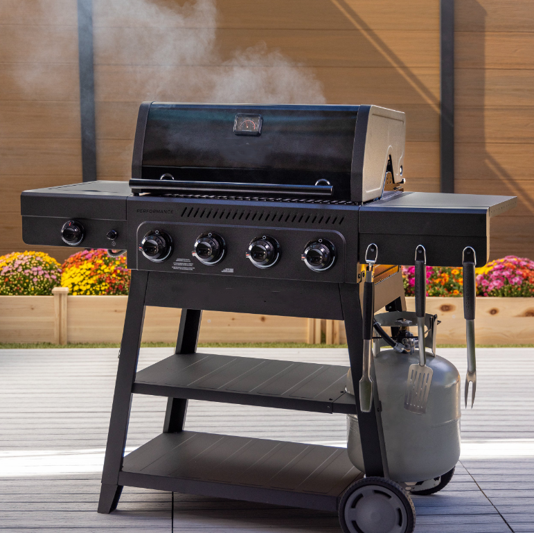 4 Burner Cart Gas Grill with Side Burner Black Gray