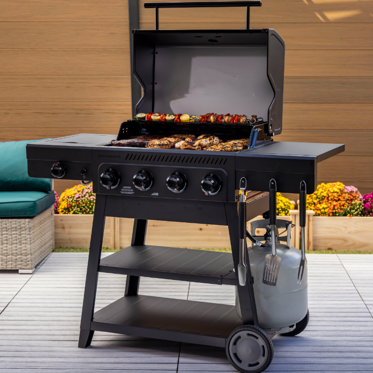4 Burner Cart Gas Grill with Side Burner Black Gray
