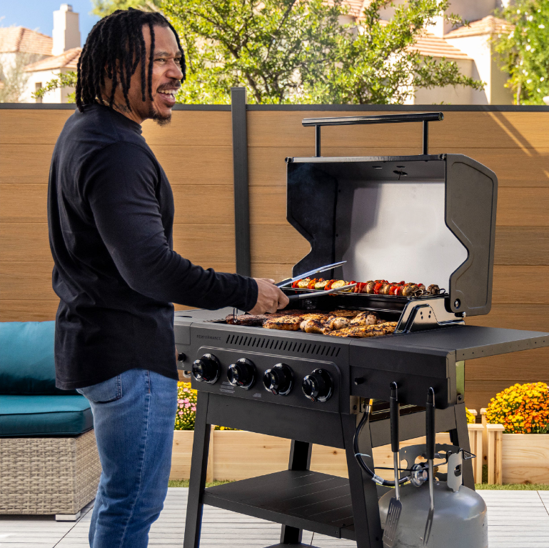 4 Burner Cart Gas Grill with Side Burner Black Gray