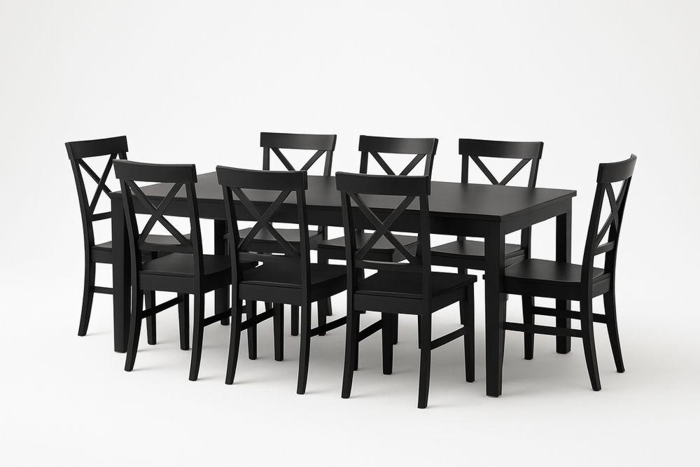 Tömör tölgyfa étkezőasztal szett 8 székkel, matt fekete felülettel, 200×90×75 cm-Nidrefuges