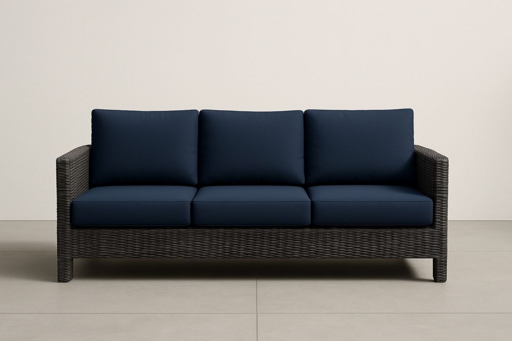 Sötétkék poliészter huzatú, polietilén fonatú acélvázas kerti kanapé, poliuretán habpárnával, 200×80×75 cm-Nidrefuges