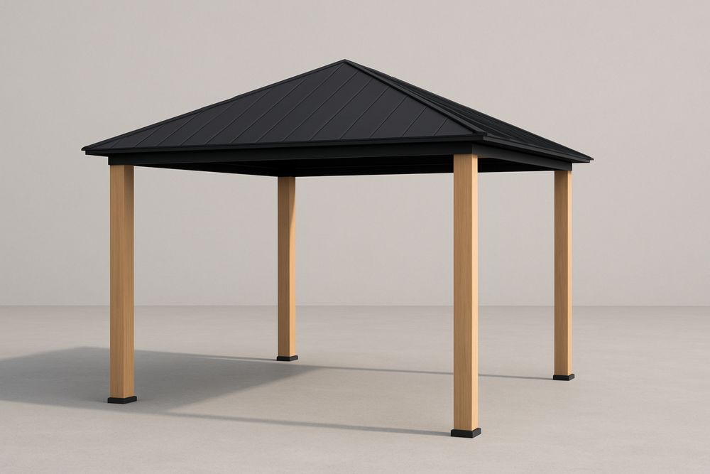 Fekete fémtetős kerti pavilon, 400×300×300 cm, lucfenyő oszlopokkal és acél szerkezettel, telepítést igényel-Nidrefuges