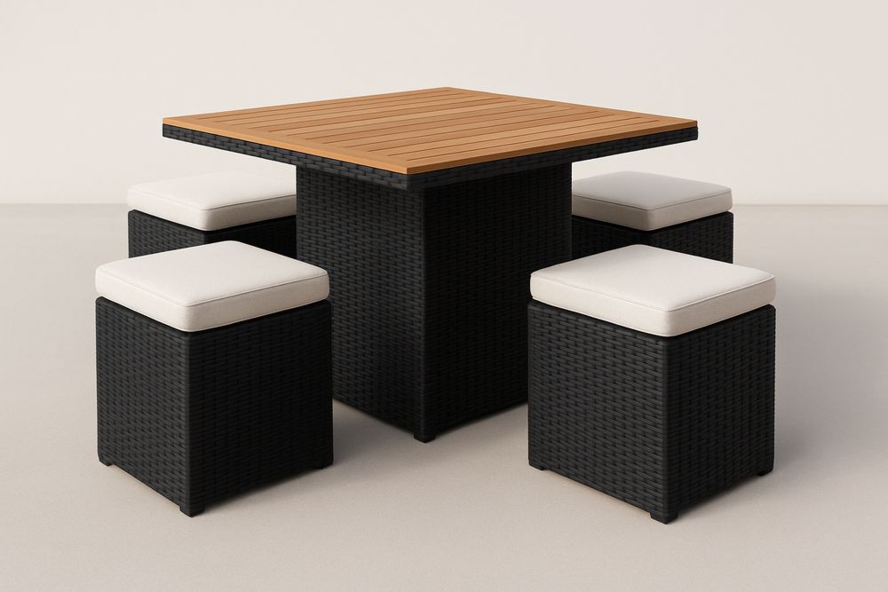 Kültéri étkező szett 4 személyes műrattan ülőkékkel fa asztallappal fekete/fehér-Nidrefuges