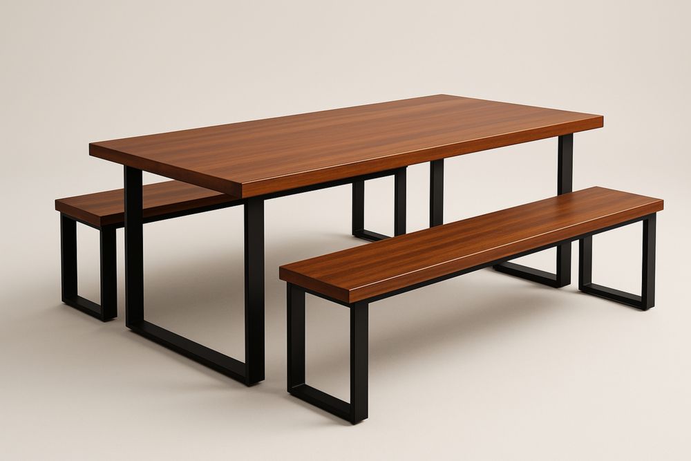 MDF diófurnéros étkezőasztal szett 2 paddal, poliuretán lakkozott felülettel, fekete acél lábakkal, 200×90×75 cm-Nidrefuges