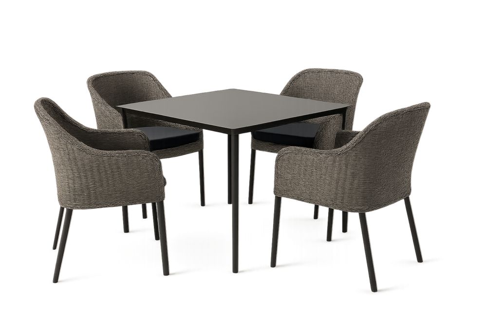 Kerti étkezőszett fém vázzal és rattan székekkel, fekete-Nidrefuges