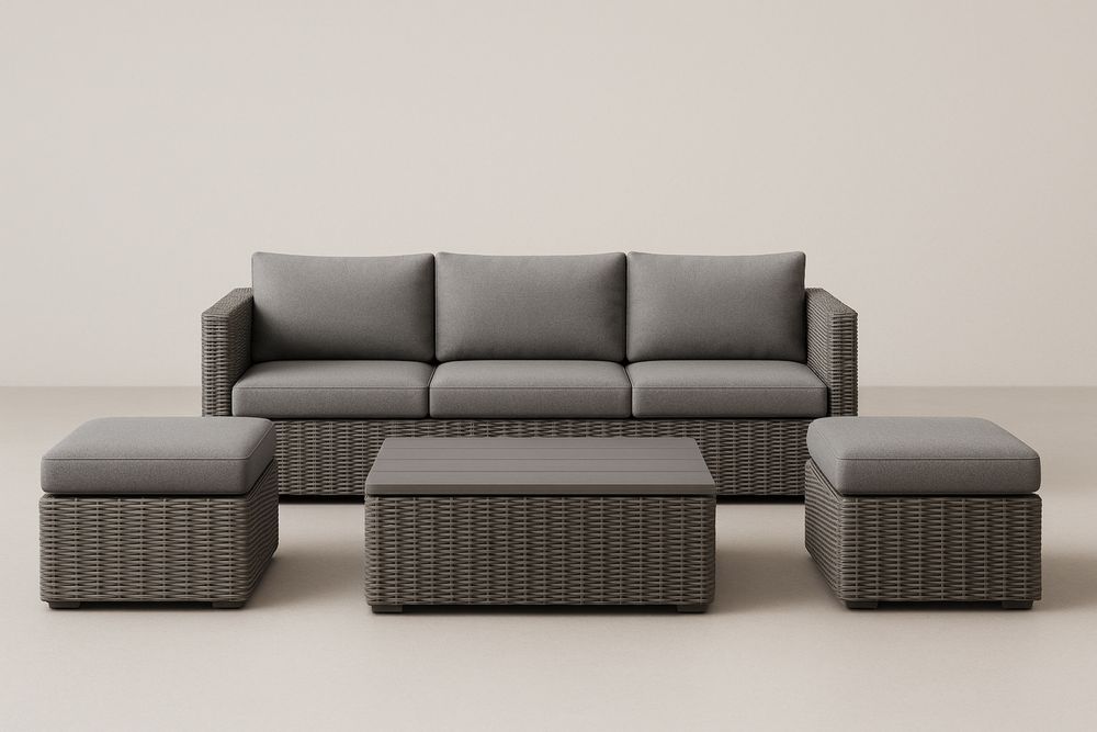 Kerti Rattan Bútor 3 Személyes Kanapé Szett Asztallal és Két Puffal Alumínium Szürke-Nidrefuges