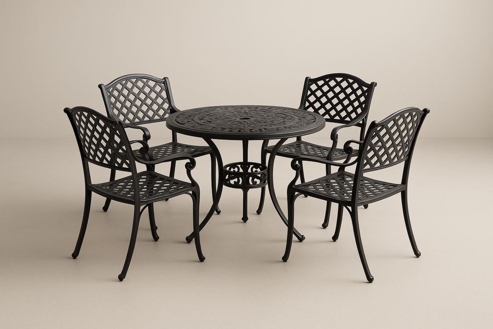 Kerti ülőgarnitúra öntött alumíniumból fekete 4 szék kerek asztal-Nidrefuges