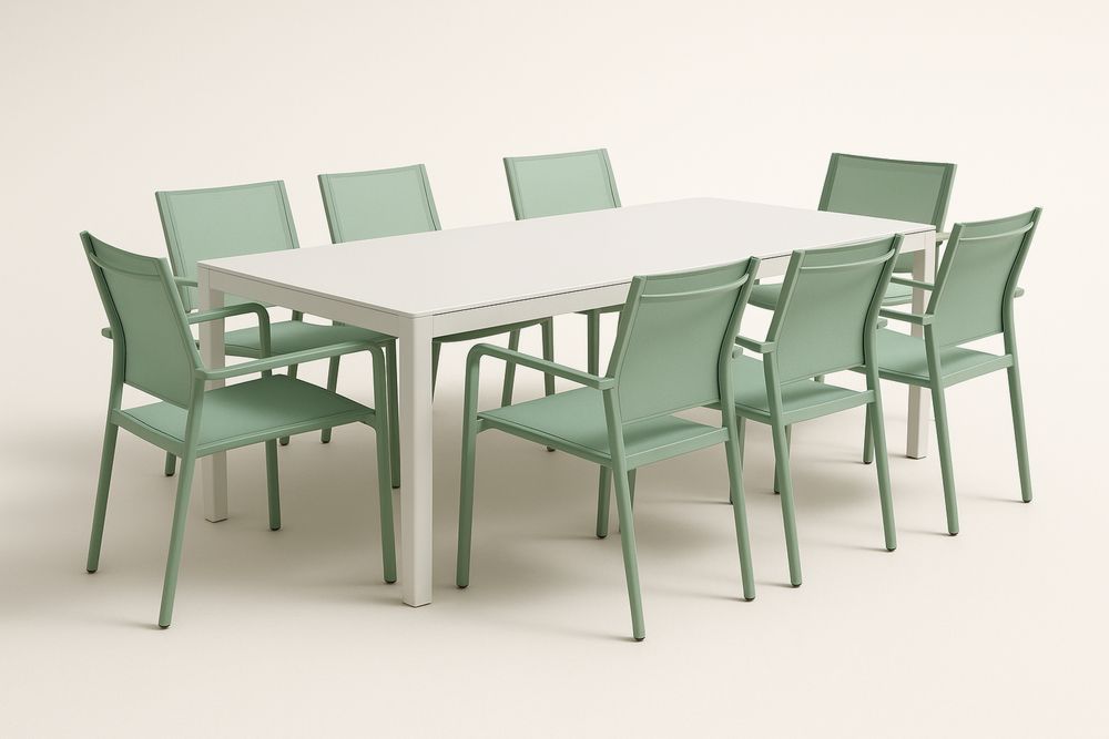 Kültéri étkezőgarnitúra asztal és 8 szék alumínium textilén zöld-Nidrefuges