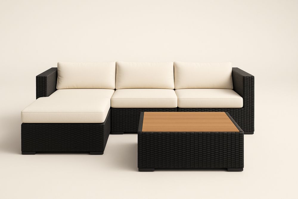 Kültéri műrattan sarokkanapé faasztallal bézs/fekete-Nidrefuges