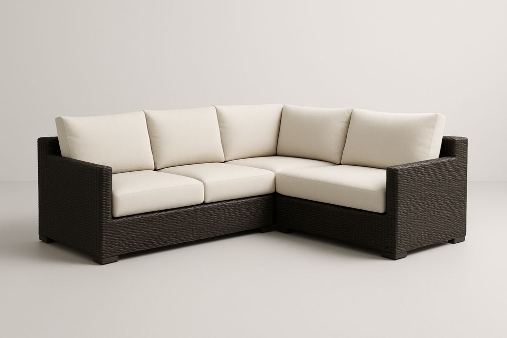 Sarok ülőgarnitúra fonott műrattan váz poliészter bézs párnázat 210 x 210 x 74 cm-Hogarmejors