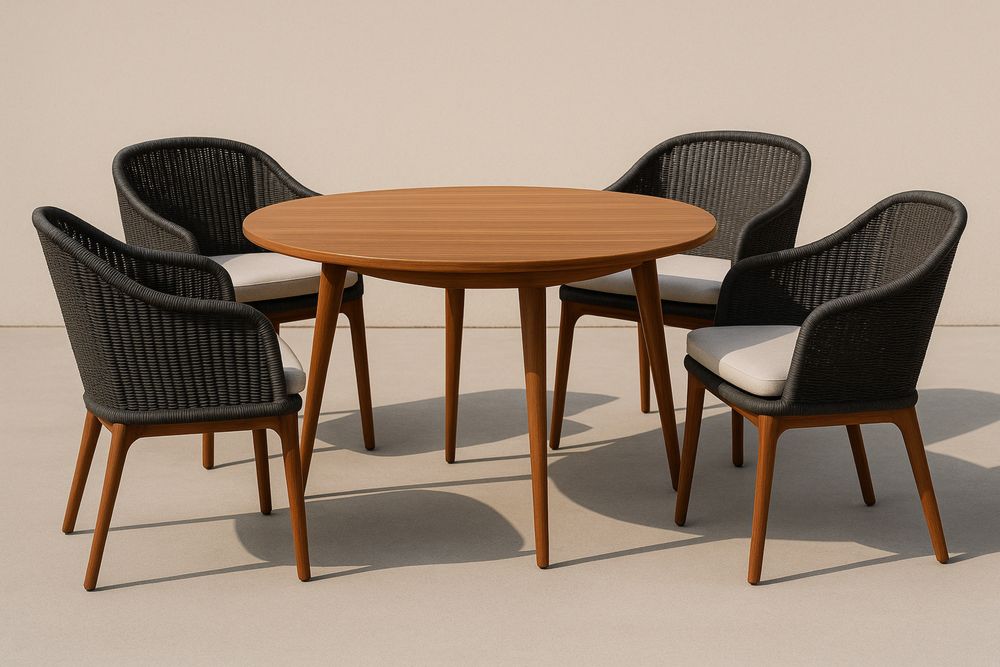 Kerti étkezőgarnitúra 1 kerek teak fa asztal és 4 fonott rattan szék párnával-Hogarmejors