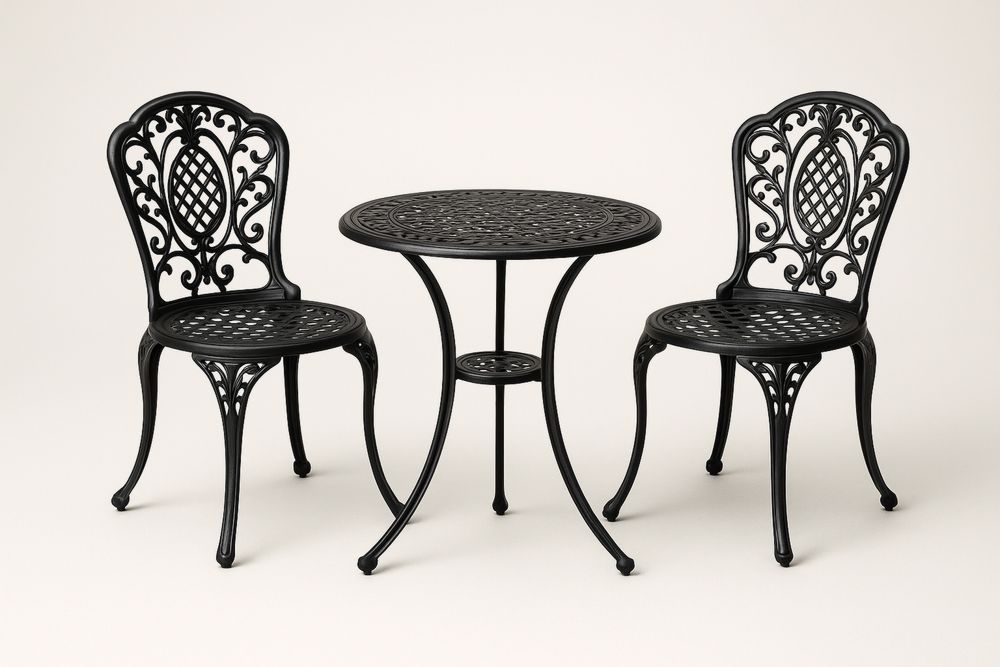 Kerti bútorkészlet alumíniumból fekete színben, 2 szék és 1 asztal, 63 cm átmérővel-Hogarmejors