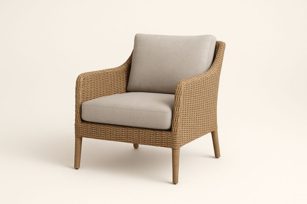 Természetes rattan fotel szürke poliészter párnákkal, 90×80×75 cm, levehető párnákkal-Hogarmejors