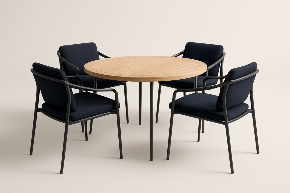 Kerti étkezőgarnitúra 4 személyes kerek asztallal és párnázott székekkel fa/fém-Hogarmejors