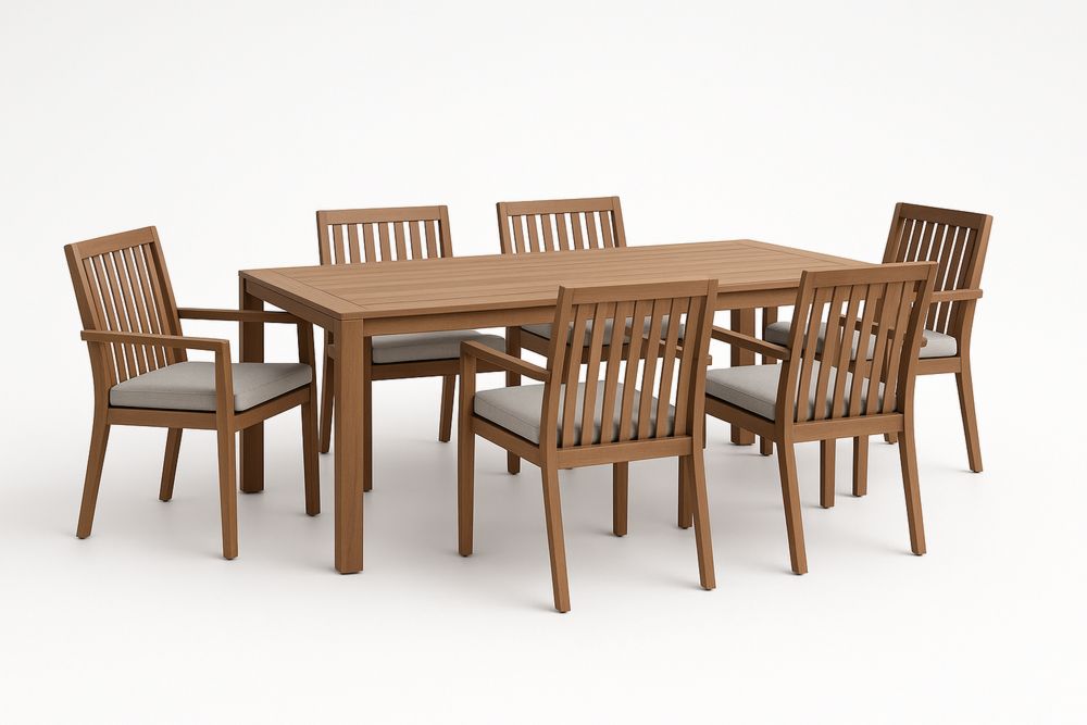 Tömör teakfa étkezőasztal szett 6 székkel, olajozott felülettel, barna színben, 180×90×75 cm-Hogarmejors