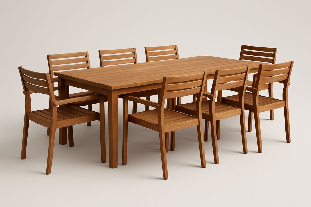 Tömör teakfa téglalap alakú étkezőasztal szett 8 székkel, olajozott felülettel, 200×90×75 cm-Hogarmejors