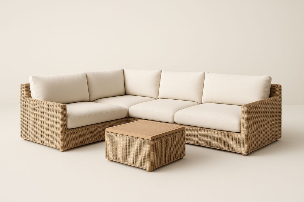 PE műrattan kerti sarokkanapé szett acél vázzal és tömör fenyőfa asztallappal, poliészter párnákkal-Hogarmejors