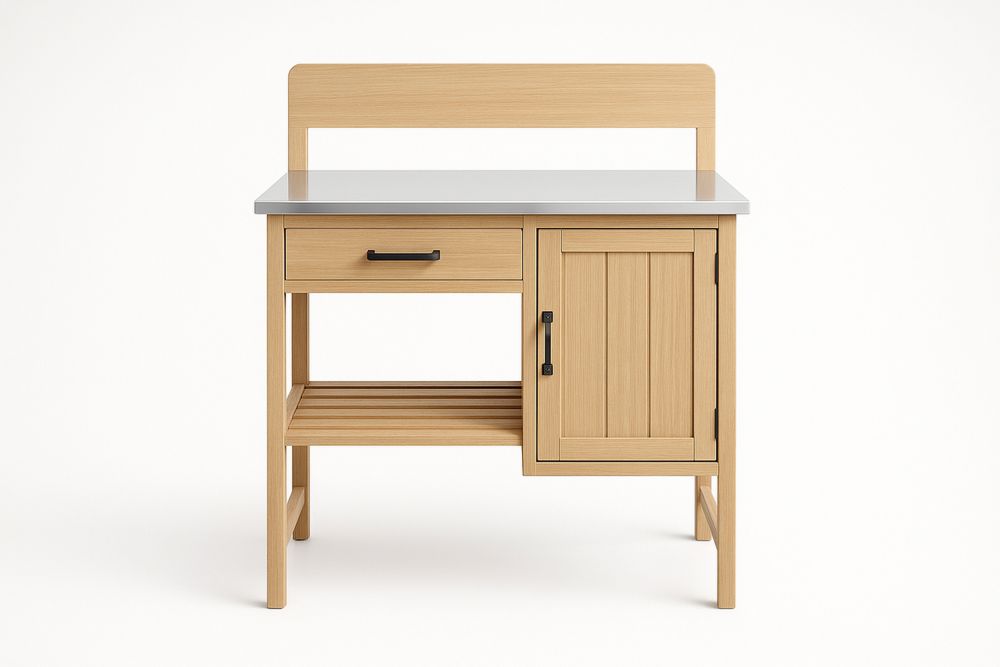 Tömör tölgyfa és rozsdamentes acél kerti ültetőasztal 1 fiókkal, ajtós tárolóval és nyitott polccal, natúr fa/ezüst színben, 75×40×90 cm-Hogarmejors