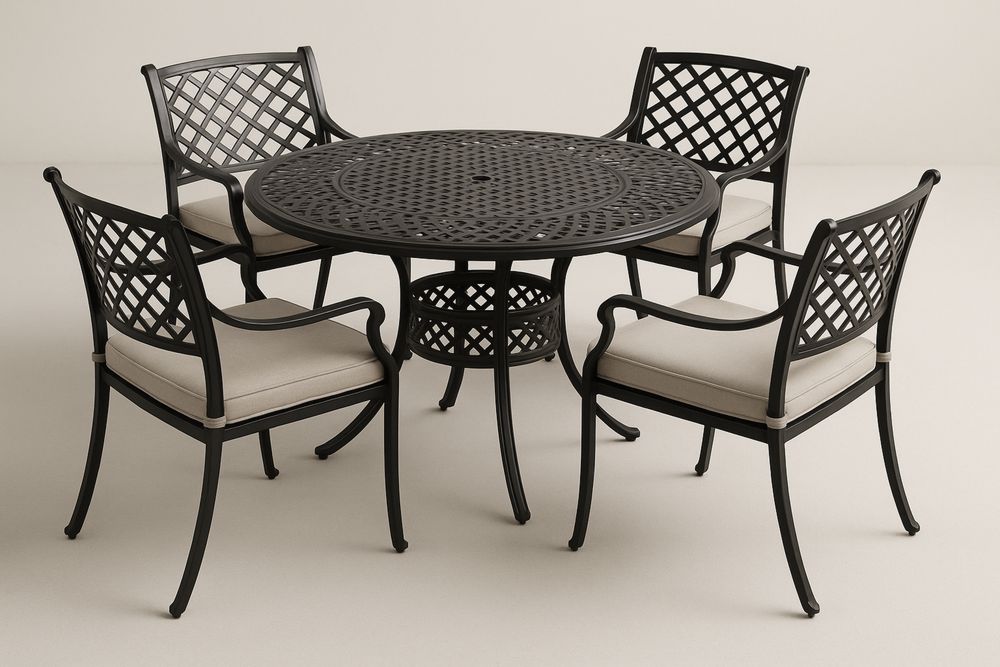 Fekete Alumínium Kerti Étkezőgarnitúra Négy Székkel és Kerek Asztallal-Hogarmejors