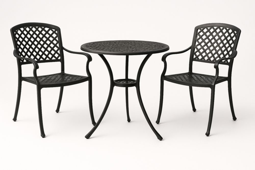 Fekete kültéri kerti garnitúra öntött alumíniumból 2 szék és kerek asztal-Hogarmejors