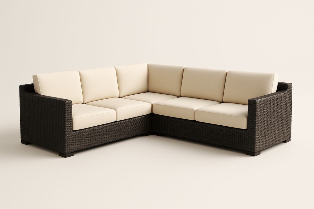 Sötétbarna PE rattan kerti sarokkanapé krém színű párnákkal, 200×200×70 cm-Hogarmejors