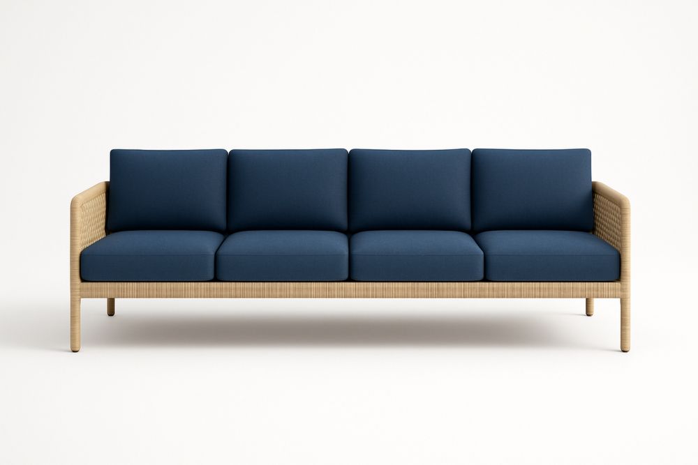 Világosbarna nád vázas, kék párnás kerti kanapé, poliészter huzattal és poliuretán hab töltettel, 320×90×85 cm-Hogarmejors