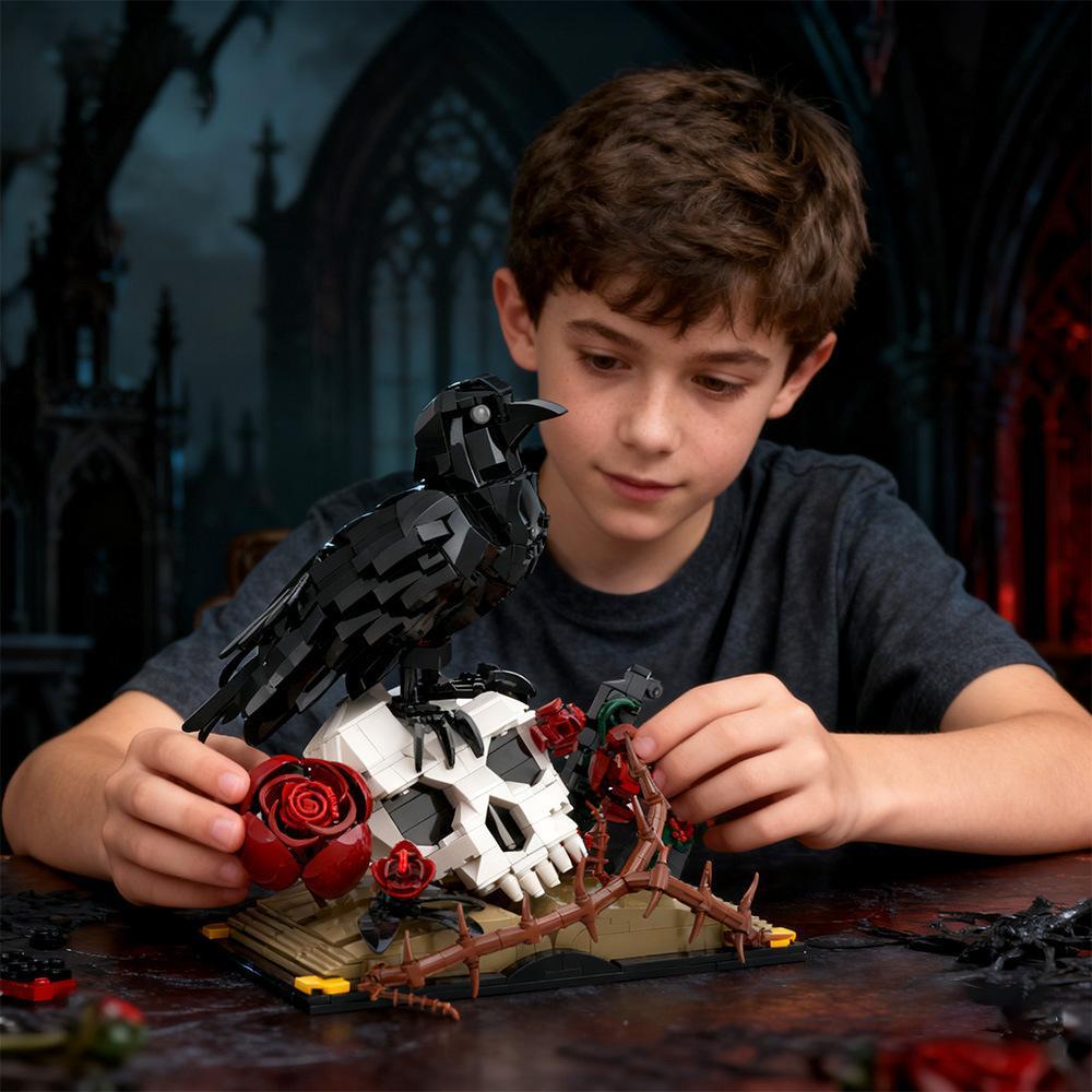 Kompatybilny z zestawami MOC Small-Particle, Raven Skull i Flower Halloween Building Block Ornament