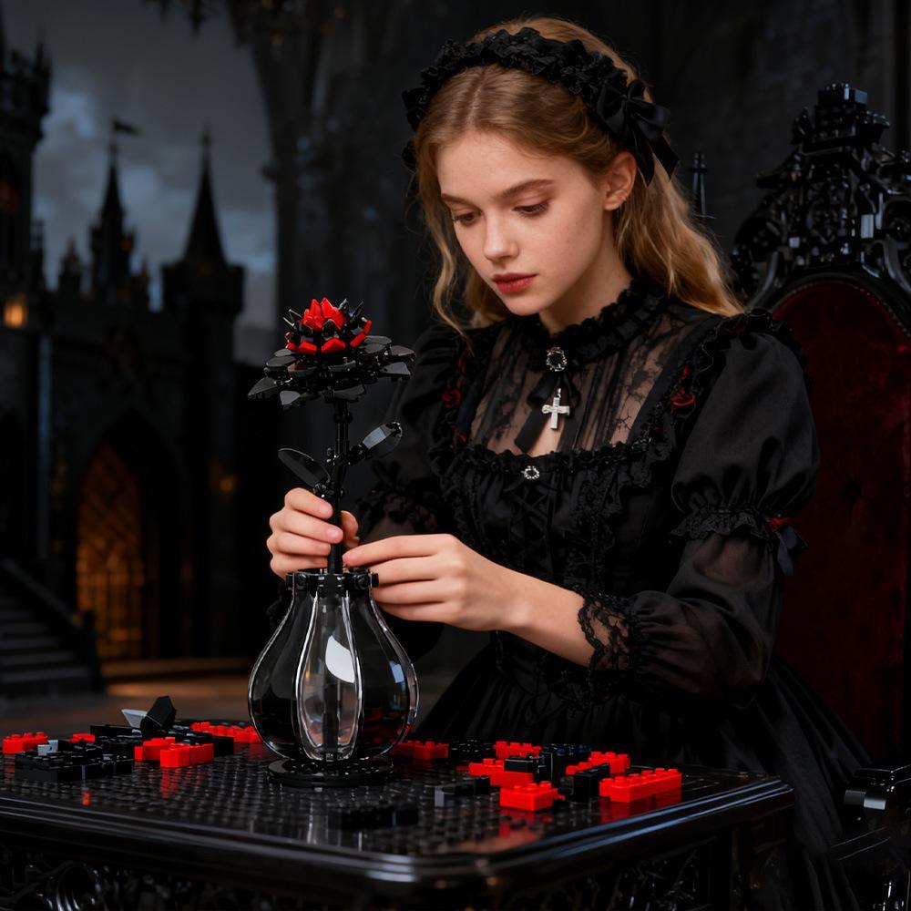 Zestaw MOC „Halloween Red Dahlia”, kompatybilny z małymi klockowymi modelami wystawowymi kwiatów
