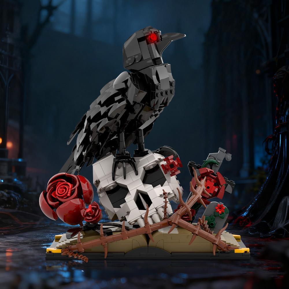 Kompatybilny z zestawami MOC Small-Particle, Raven Skull i Flower Halloween Building Block Ornament