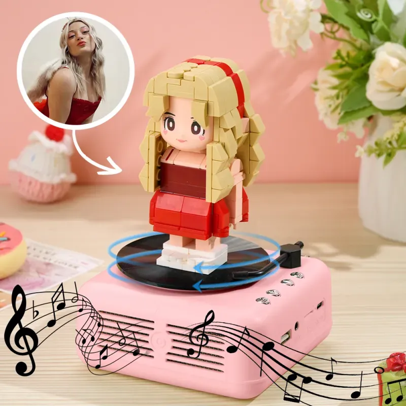 Op maat gemaakte bouwstenen figuren met Bluetooth-luidsprekerbasis, bouwbaar muziekspeelgoed en decoratie van bouwstenen, speciaal cadeau voor muzikanten, gamers of designbewuste vrienden.