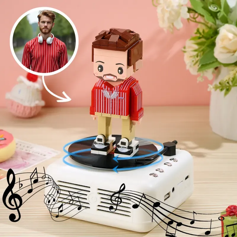 Op maat gemaakte bouwstenen figuren met Bluetooth-luidsprekerbasis, bouwbaar muziekspeelgoed en decoratie van bouwstenen, speciaal cadeau voor muzikanten, gamers of designbewuste vrienden.